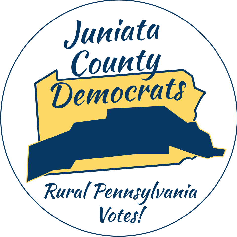 A circular logo with a gold outline of Pennsylvania overlaid by a navy silhouette of Juniata County. The words “Juniata County Democrats” appear in navy across the top, and “Rural Pennsylvania Votes!” at the bottom.